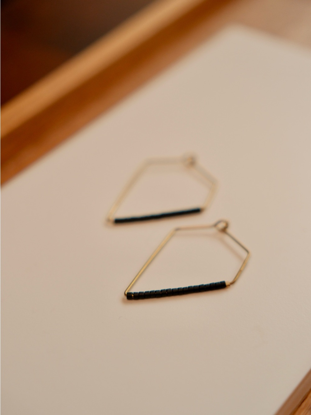 Minimalist Geometric Gold Wire Hoop Earrings Black Seed Bead Modern Kite Shape